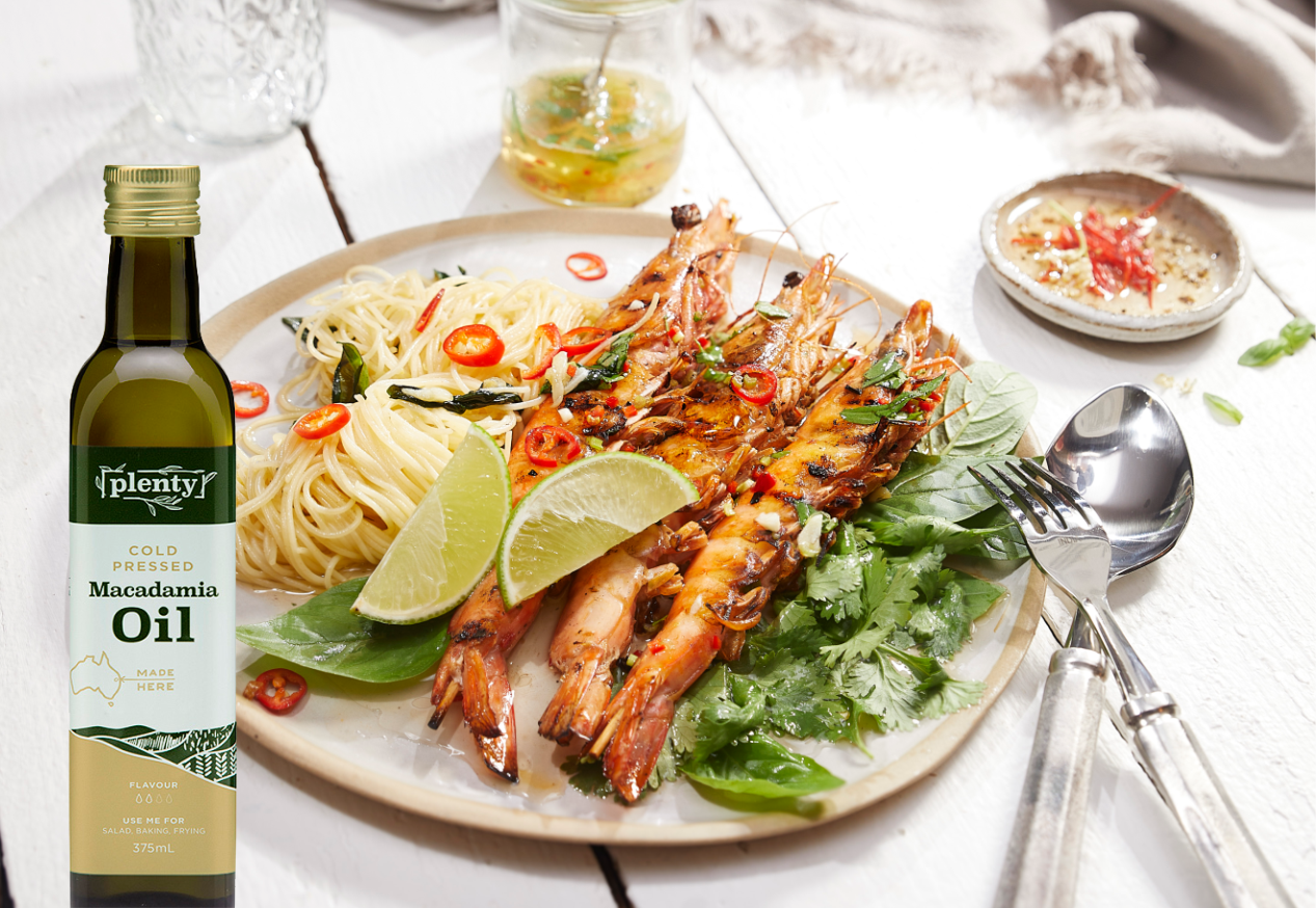 Plenty Grilled Macadamia and Lime Prawns with noddles