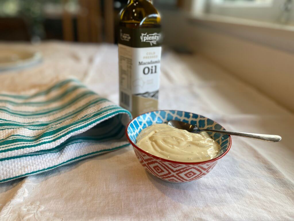 Bowl of mayonnaise made with macadamia and walnut oil